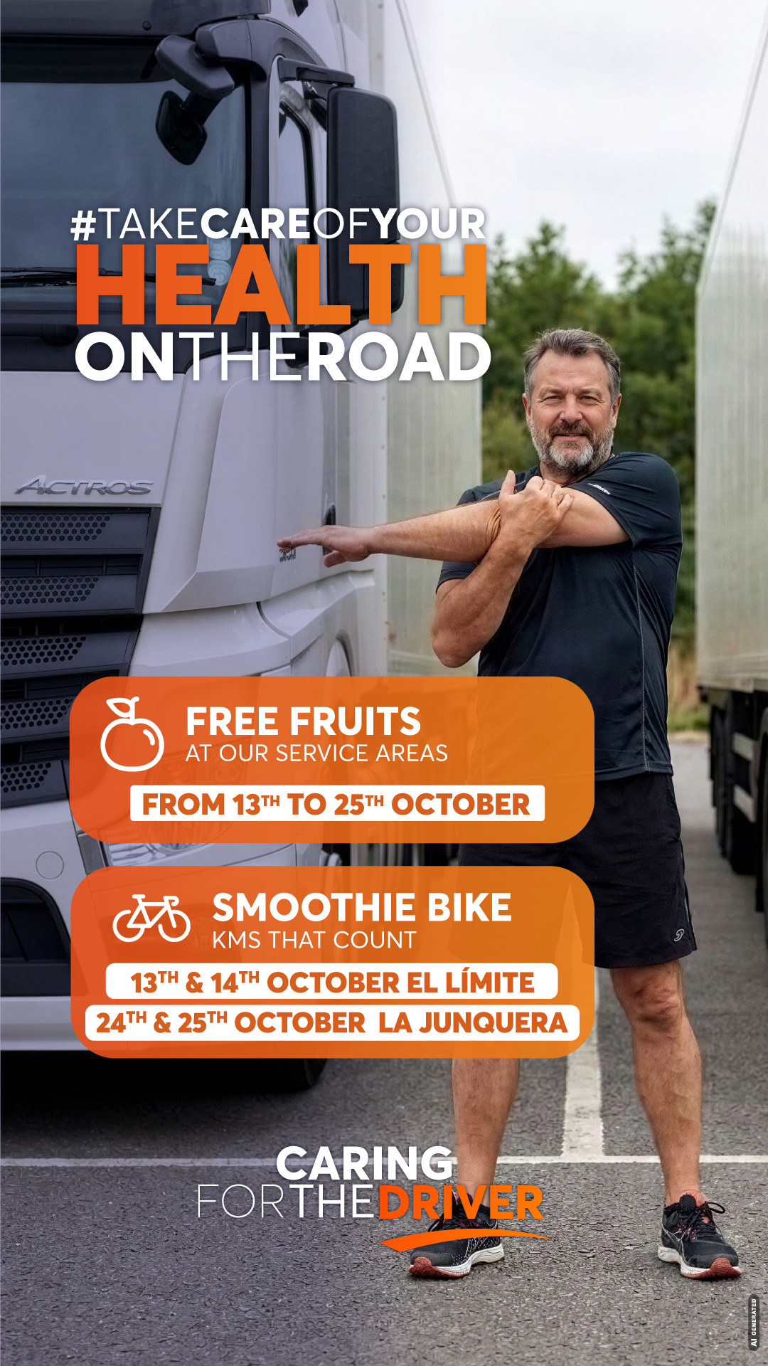 Take Care of Your Health on the Road poster: free fruit from 13 to 25 October and smoothie bikes at El Límite and La Junquera