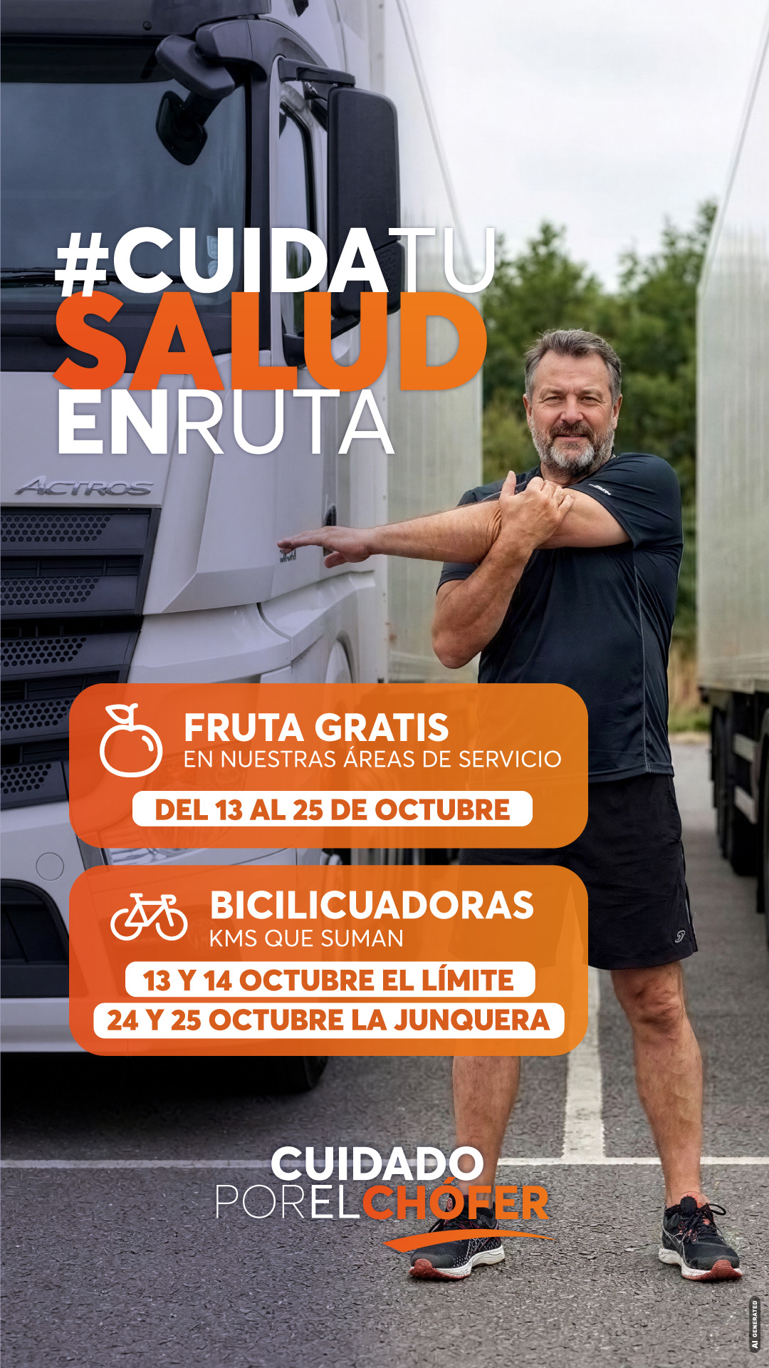 Cartel de Cuida Tu Salud en Ruta: fruta gratis del 13 al 25 de octubre y bicilicuadoras en El Límite y La Junquera