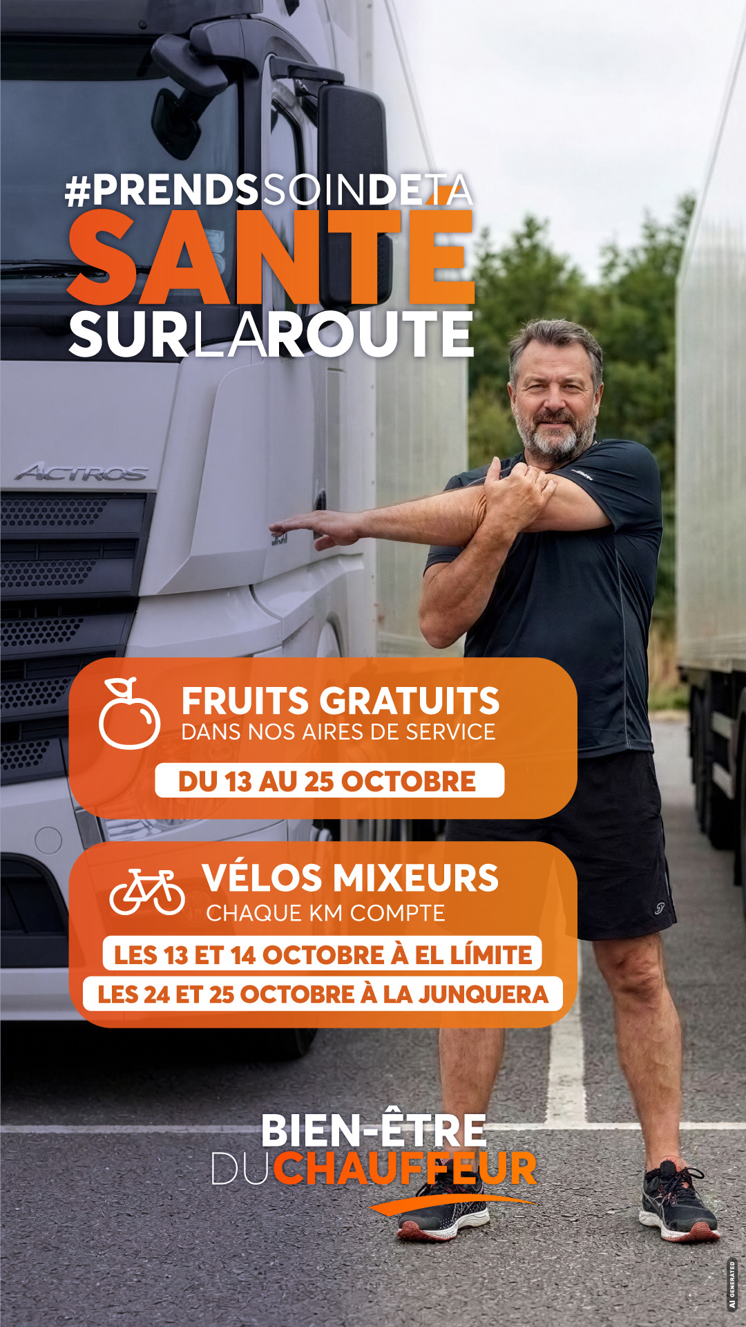 Affiche Prends soin de ta santé sur la route : fruits gratuits du 13 au 25 octobre et vélos mixeurs à El Límite et La Junquera