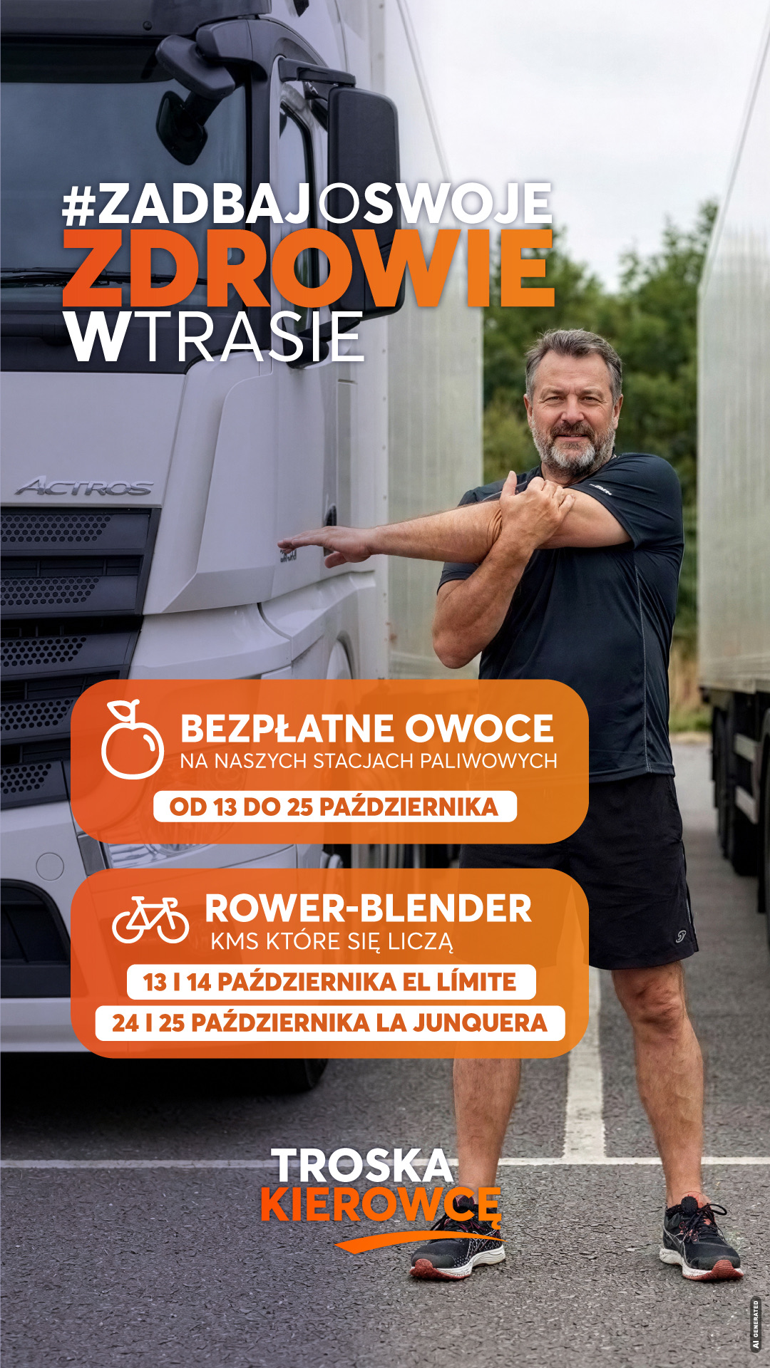 Plakat Zadbaj o swoje zdrowie w trasie: bezpłatne owoce od 13 do 25 października i rowery-blendery w El Límite i La Junquera