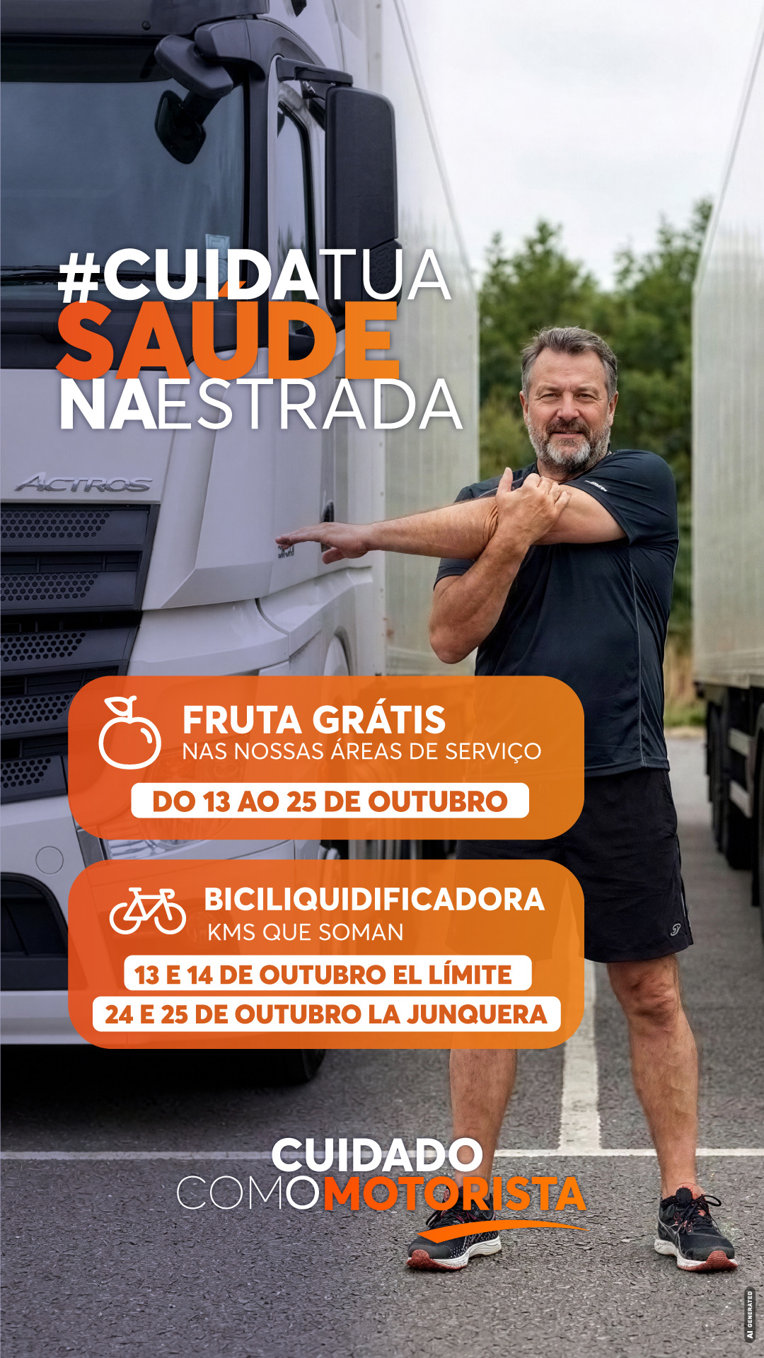 Cartaz Cuida da Tua Saúde na Estrada: fruta grátis de 13 a 25 de outubro e biciliquidificadoras em El Límite e La Junquera